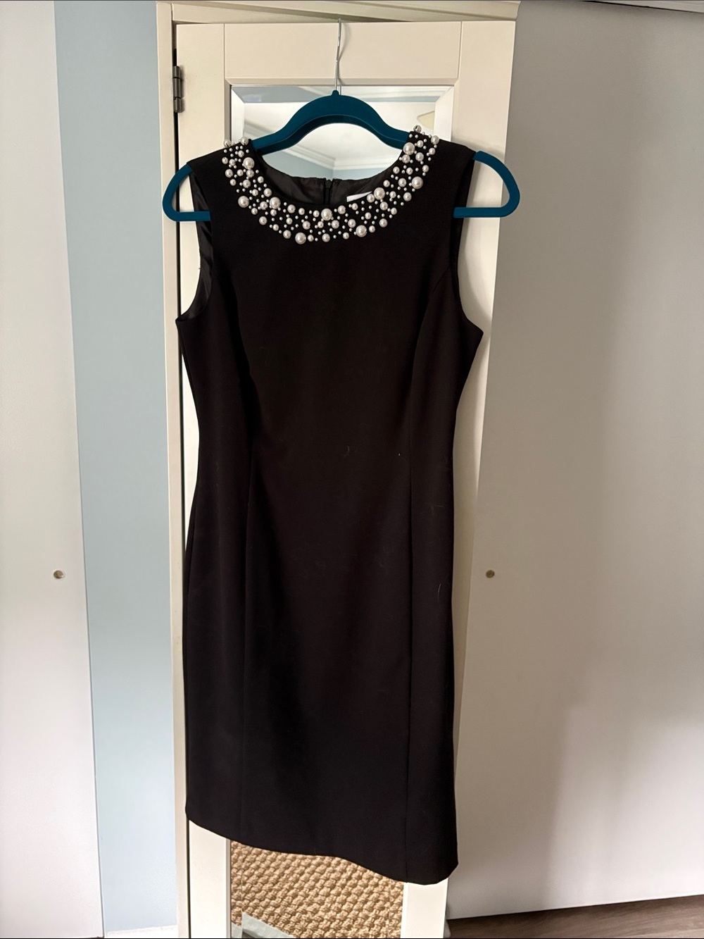 Calvin Klein Black Sleeveless Sheath Dress with Pearl-Cluster Neckline